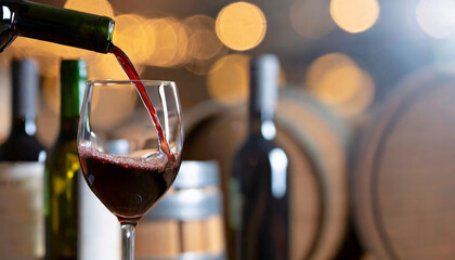 Red wine being poured into a wineglass on a wooden barrel background