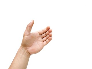 Man's hands reaching up from below, gesturing as if holding something such as a phone or water bottle, isolated on white background.