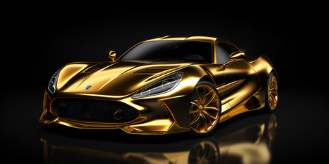 A gold racing car is sitting in an open garage in the style of futuristic abstracts, Golden Dreams: Futuristic Abstracts with Racing Car in Garage
