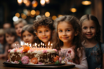 Preschool children celebrating birthday in kindergarten blowing out candles on cake