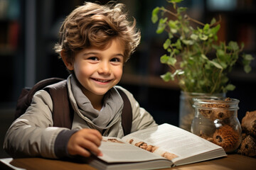 Fototapeta na wymiar Little happy boy in kindergarten reads a book sitting at the table
