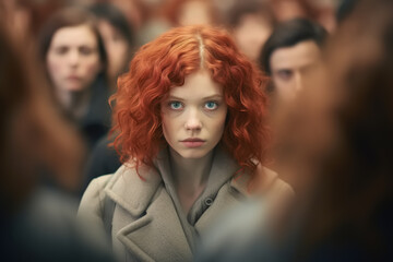 Fototapeta premium Lonely unhappy young woman standing in a crowd of people and looking at camera. Women's psychology problem, loneliness in society