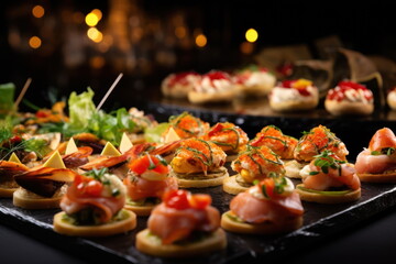 Buffet food catering food party at restaurant mini canapes snacks and appetizers - obrazy, fototapety, plakaty