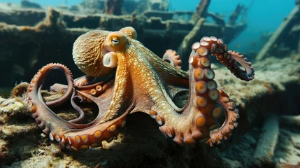 Deurstickers Octopus in its underwater habitat, deep in the ocean in a wrecked ship © mashimara