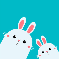 Rabbit bunny set. Happy Easter. Face head in the corner. Cute cartoon kawaii baby character. Funny friends. Farm animal. Long ears. Blue background. Flat design