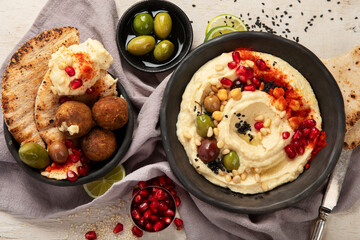 Traditional homemade hummus, falafel and pita.