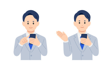 スマホを見る･案内のポーズをするビジネスパーソン男性のセット【人物ベクターイラスト素材】