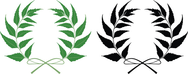 two laurel wreaths with leaves and ribbons set, hand drawn logo icon illustration leaf frame,