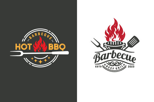 vintage grill barbeque barbecue bbq with fork fire flame badge set logo design vector template