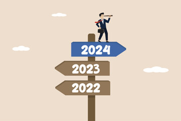 Business decision making 2024, new career path, work direction or leadership to choose the right way to success 2024 concept, smart businessman looking for success path 2024 using a telescope.