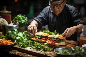 Street vendor preparing savory banh mi sandwiches, Generative AI