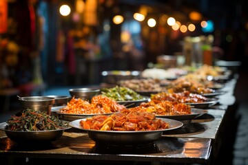 Vibrant night market with a variety of Asian street foods, Generative AI
