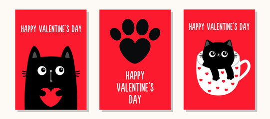 Happy Valentines Day. Love greeting card banner set. Cat in tea coffee cup. Red heart paw print. Black kitten holding hearts. Cute cartoon funny baby animal pet character. Flat design. Red background. - obrazy, fototapety, plakaty