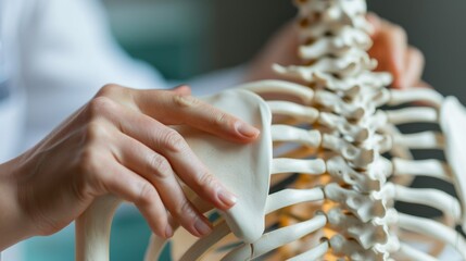Close up physical therapist hand pointing on human skeleton at low back to advise and consult to patient to treatment at office for healthcare - obrazy, fototapety, plakaty