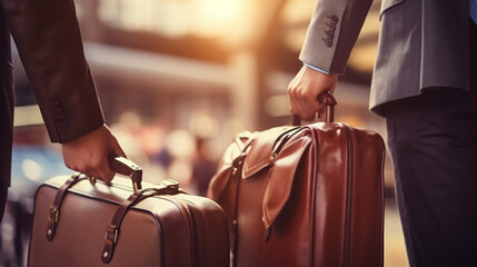 Closeup Businessmen Hold Luggage - obrazy, fototapety, plakaty