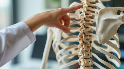 Close up physical therapist hand pointing on human skeleton at low back to advise and consult to patient to treatment at office for healthcare - Powered by Adobe