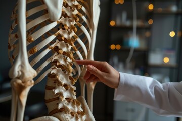 close-up image physical therapist's hand pointing at a human skeleton at the middle back to advise and consult to patient on treatment at the office for healthcare - obrazy, fototapety, plakaty