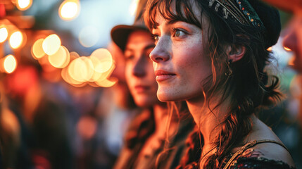 Portrait of a young woman enjoying an outdoor festival with bright lights in the evening.