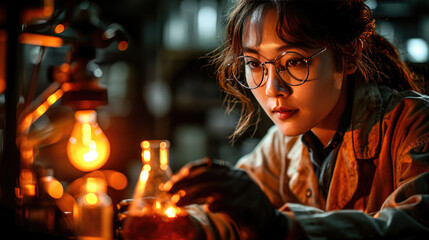 A dedicated female scientist conducting an experiment in a laboratory, surrounded by scientific equipment and glassware.