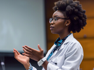 An African-American Scientist Giving A Public Lecture On Her Groundbreaking Research Representing Black Excellence In Science And Technology