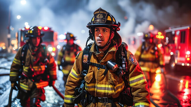 A brave firefighter in gear stands ready amidst smoke and emergency lights during a nighttime fire rescue operation.