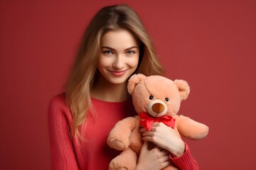 Happy woman with a teddy bear on red background