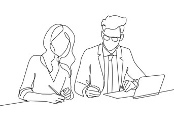 Continuous One Line Drawing of Business Group with Laptop in Office. Woman and Man Working One Line Illustration. Business Concept Abstract Linear Style. Minimalist Contour Drawing. Vector EPS 10
