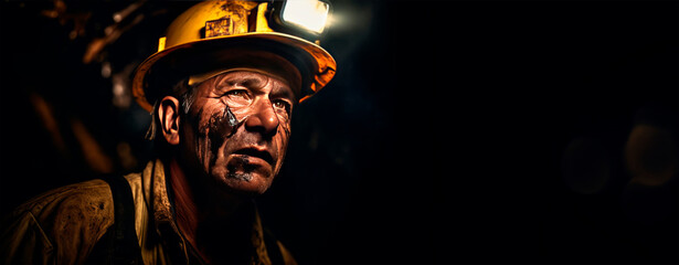 Tired working miner in yellow hard hat, safety gear and ear protection standing on hard labor shift against mine underground dark light bulbs.Hard physical labor conditions for work. banner.Copy space - obrazy, fototapety, plakaty