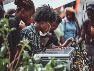 A Group Of Black Engineers Working On A Sustainable Energy Project Showcasing Innovation And Environmental Awareness - obrazy, fototapety, plakaty