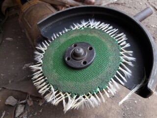closeup of cutting wheel damaged while working. Safety hazard averted