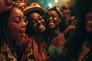 Group of multiracial friends has a great time at the nightclub in the summertime. Clubbing, fun, and parties during the summer concept.