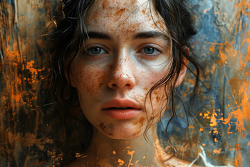 Portrait of a beautiful girl against the background of splashes of pollen and paints, a tense look of a young woman, spring allergies and a banner supporting the idea of physical and mental health