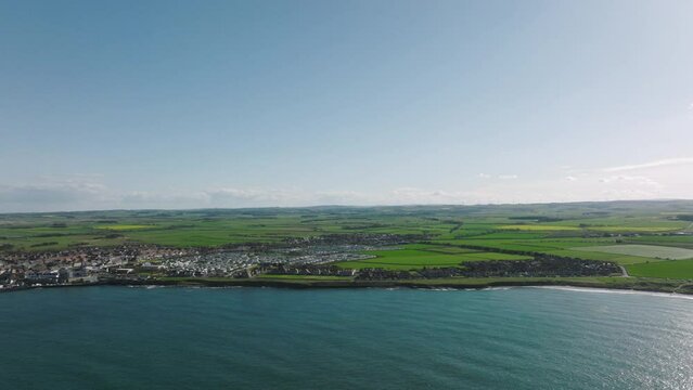4K Static Aerial of Seahouses, United Kingdom on a sunny afternoon