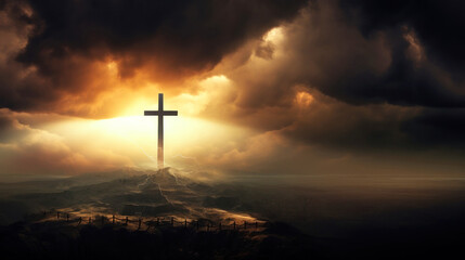 The Holy Cross, symbolizing the death and resurrection of Jesus Christ, with the sky above Golgotha shrouded in light and clouds. Easter. - obrazy, fototapety, plakaty