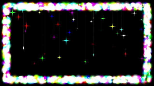 Colorful glitter sparkles frame and falling stars on plain black background