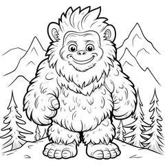Cute cartoon bigfoot in a snowy mountains landscape. Monster coloring page for kids. Simple animal coloring page