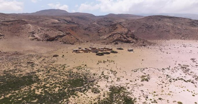 Structures Isolated On The Mountain Island Near Shoab Beach, Socotra, Yemen. Aerial Drone Shot