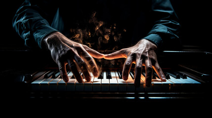 Hands on a piano close-up hovering over the keys playing a piece on a dark mysterious magical...