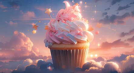 a birthday cupcake in a blue and pink color setting is shown, in the style of photo-realistic landscapes, backlight, photobashing, contemporary candy-coated, serge marshennikov, light pink and yellow, - obrazy, fototapety, plakaty