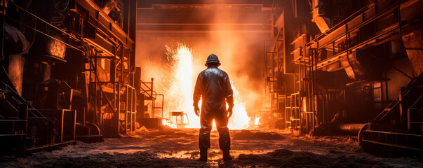 Steel foundry protective equipment and helmet surrounded by glow and sparks of molten metal during...