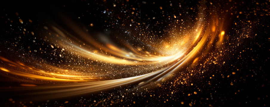 A dynamic abstract vortex of golden particles and shimmering rings spirals toward a central dark void. Motion and energy. A galaxy or a black hole in space. The flow of life and time. Cosmetic. Banner