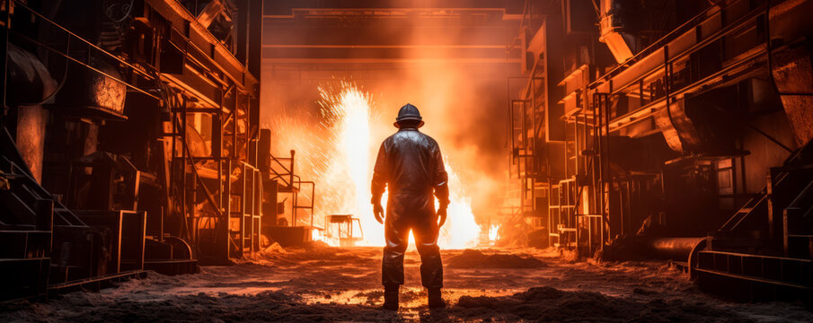 Steel foundry protective equipment and helmet surrounded by glow and sparks of molten metal during welding metalworking. The silhouette of worker against fiery background. Banner. Copy space