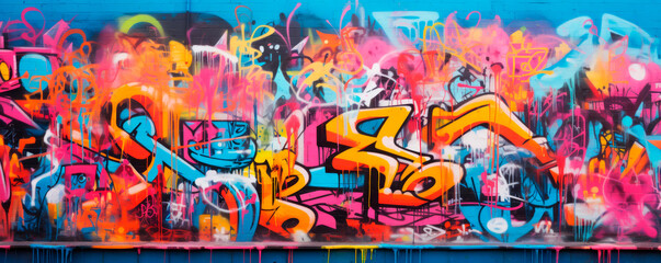 Naklejka premium Abstract geometric multicolored graffiti with text and unusual shapes on a street wall The myriad of colors ranging from yellow to deep blue, pink, orange, dynamic swirls and splashes. Street art.