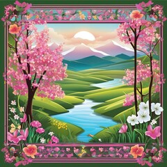 spring landscape with flowers and riverspring landscape with flowers
