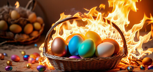 burning hot easter season doesn't even the easterbunny stay cool, hare on fire, basket on flames, the eggs will be hard - obrazy, fototapety, plakaty