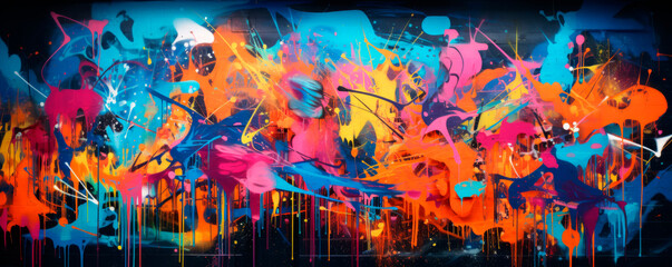 Abstract geometric multicolored graffiti with text and unusual shapes on street wall The myriad of colors ranging from yellow to deep blue, pink, orange, dynamic swirls and splashes.Street art. banner - obrazy, fototapety, plakaty