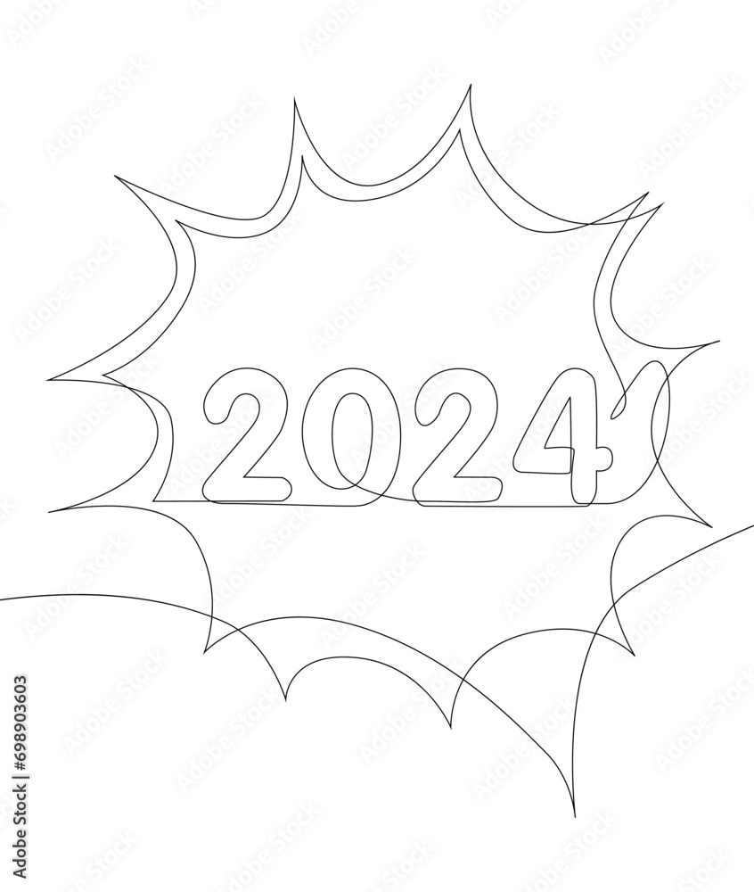 Poster one continuous line of speech bubble with 2024 number. thin line illustration vector concept. contou