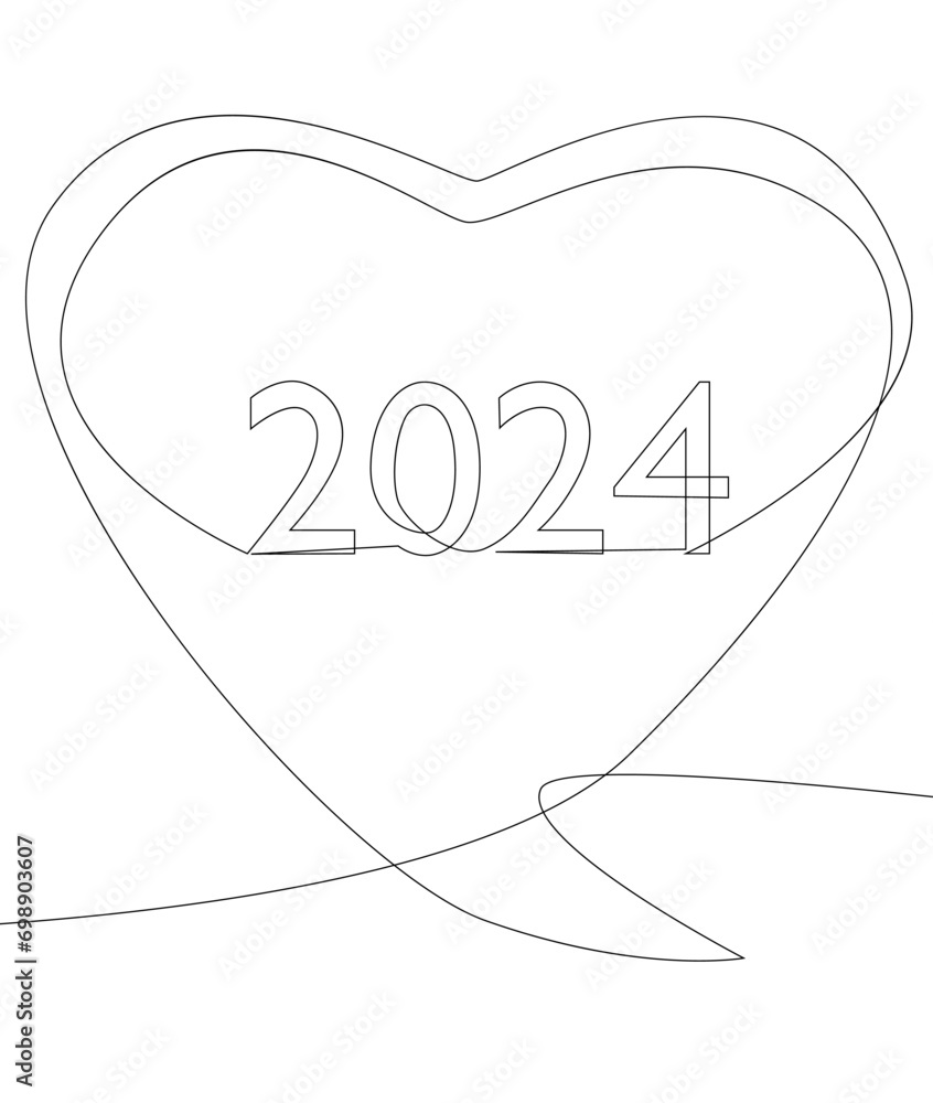 Poster one continuous line of speech bubble with 2024 number. thin line illustration vector concept. contou