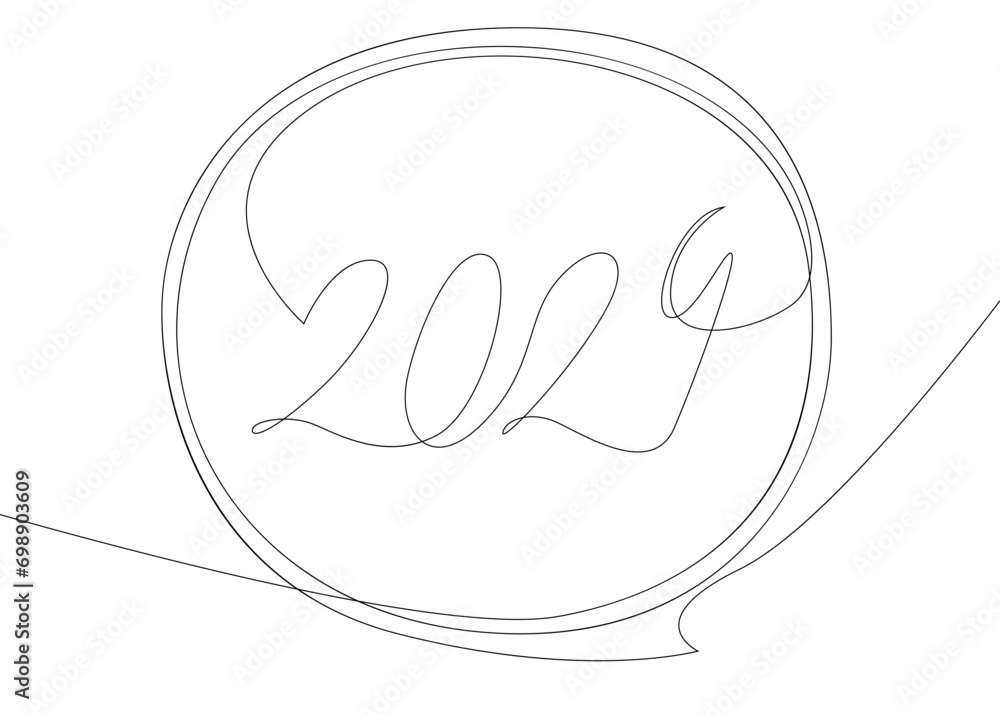 Poster one continuous line of speech bubble with 2024 number. thin line illustration vector concept. contou