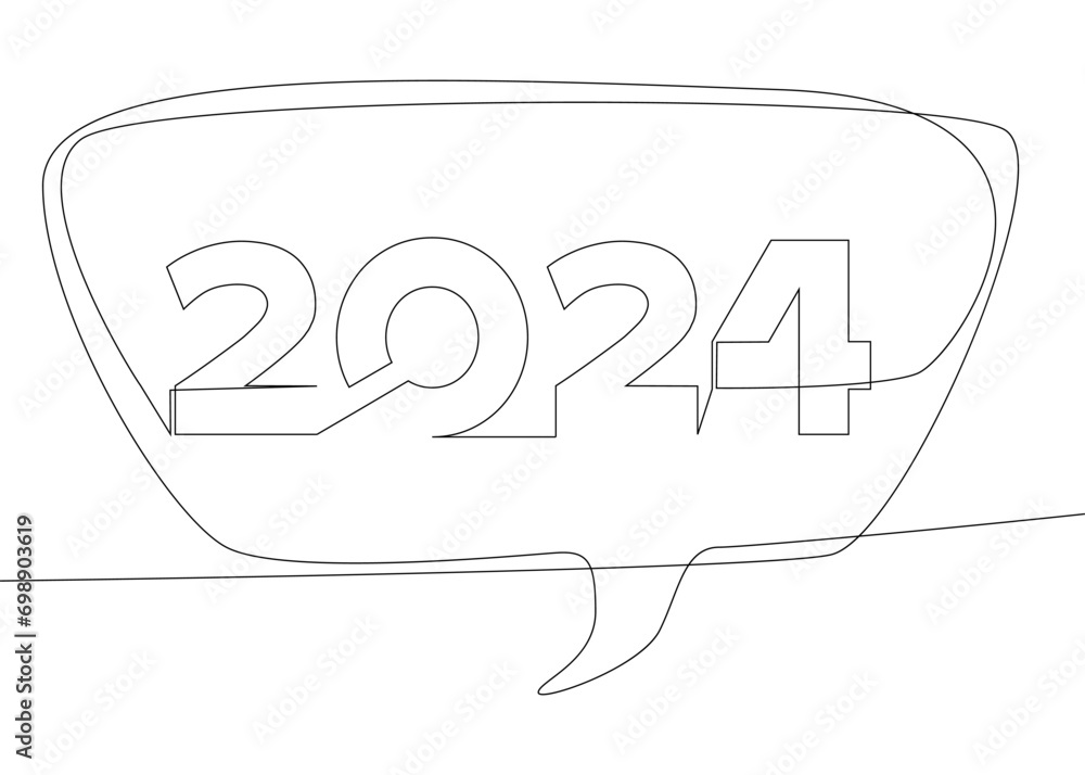 Poster one continuous line of speech bubble with 2024 number. thin line illustration vector concept. contou